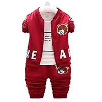 Baby Boys 3 Piece Clothing Set Bear Printed Round Neck Long Sleeve Coat + T-shirt+Pants