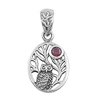 Tree Detailed Owl Pendant Simulated Garnet .925 Sterling Silver Realistic Charm