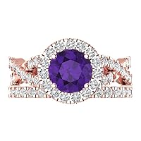 Clara Pucci 2.40ct Round cut Custom Engraving Halo Natural Purple Amethyst Engagement Ring Band Wedding Bridal Set 14k Rose Gold Size 10