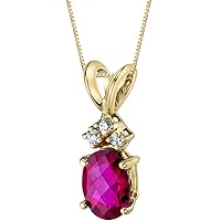 PEORA Created Ruby with Genuine Diamonds Pendant in 14 Karat Yellow Gold, Dainty Solitaire, Oval Shape, 7x5mm, 1 Carat total