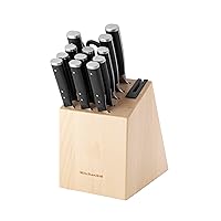 KitchenAid Gourmet Forged Triple Rivet Knife Block Set with Built-in Knife Sharpener, High Carbon Japanese Stainless Steel Kitchen Knives, Sharp Kitchen Knife Set with Block, Birchwood,14-Piece, Black