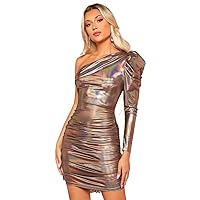Womens Fall Fashion 2022 One Shoulder Gigot Sleeve Ruched Metallic Bodycon Dress (Color : Bronze, Size : X-Small)