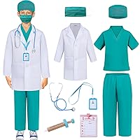 Doctor Costume for Kids Scrubs Pretend Play Kit with Doctor Lab Coat and Stethoscope Halloween Doctor Dress up for Boys Girl