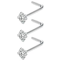 3 Pcs Stainless Steel Nose Rings Studs 20 Gauge L Shaped Curved Nose Piercing Jewelry 2mm 2.5mm 3mm Diamond CZ Nose Stud L Bend for Women Girl Piercing, Stainless Steel, cubic-zirconia
