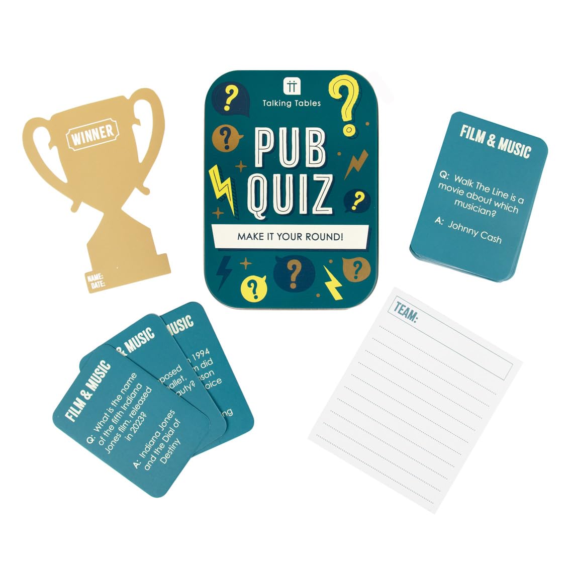 Talking Tables Pub Quiz Travel Game, Pocket Size General Knowledge Trivia for The Family to Play on a Journey or at Home Packed in a Giftable Tin Case, Secret Santa or Stocking Filler