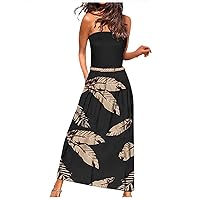 Women's Sexy Off Shoulder Tube Dress Strapless Print Waist Tie Flowy Dress Summer Beach Boho Maxi Dress