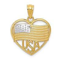 14k Yellow Gold with with Rhodium Polished American Flag Usa in Heart Charm