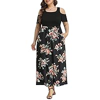 Pinup Fashion Women's Plus Size Summer Cold Shoulder Sundress Casual Long Maxi Dresses with Pockets