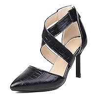 Womens Cross Straps High Heel Sandals Pointy Toe Crocodile Print Heeled Pumps Sexy Dress Shoes with Zipper