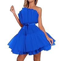 Tulle Dress Women Short Puffy Prom Dress Strapless Mesh Birthday Fairy Dresses Ruffle Cocktail Party Poofy Gown