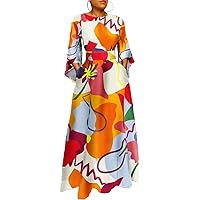 Women Casual African Printed Dress V Neck Button Down Shirt Dresses Flare Sleeve A Line Ruffle Dress