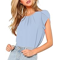 Women Fashion Tops Peplum Tops for Women Solid Color Summer Fashion Trendy Loose Fit with Short Sleeve Round Neck Ruched Shirts Light Blue 4X-Large