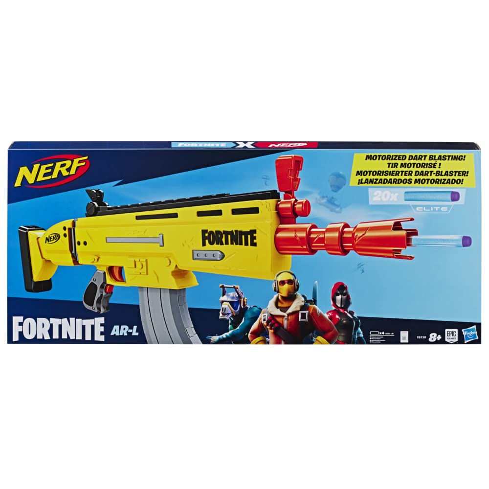 Nerf Fortnite AR-L Motorised Nerf Elite Dart Blaster, Motorised Toy Blaster, 20 Official Nerf Fortnite Elite Darts, Flip Up Sights for Youth, Teens, Adults