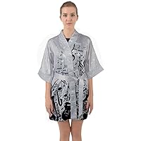 PattyCandy Women's Fashion Peace Love And Music Pattern Quarter Sleeve Satin Kimono Robe Sleep Wear Dress, XS-3XL