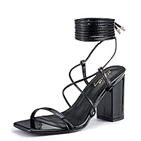 Elisabet Tang Women's Lace Up Chunky Heels Sandals,3 inch Block Heels Ankle Wrap Strappy Heel Square Open Toe Strappy Heeled Sandals Shoes