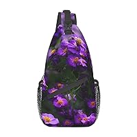 Sling Backpack,Travel Hiking Daypack Blooming Purple Blossoms Print Rope Crossbody Shoulder Bag