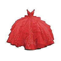 Modest V Neck Ruffle Ball Gown Quinceanera Dresses Sweet 15 16 Prom Cocktail Dress Lace Tulle