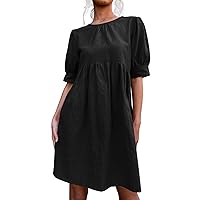 Women Summer Dress Tshirt Beach Cotton Linen Solid Color Round Neck Short Sleeve Casual Dress for Women