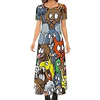 Watercolor Giraffe Women's Summer Casual Short Sleeve Maxi Dress Crew Neck Printed Long Dresses