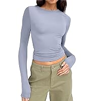 Womens Long Sleeve Crop Top Crew Neck Y2K Shirt Sexy Slim Fitted Casual Base Layer Soft Workout Shirt Going Out Tops