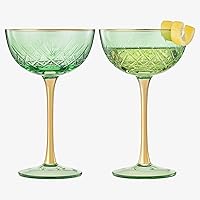 Vintage Art Deco Coupe for Champagne, Martini, Cocktails | Set of 2 | 7 oz Classic Cocktail Glassware - Manhattan, Cosmopolitan, Sidecar, Crystal Speakeasy Style Saucer Goblets with Stems (Green)