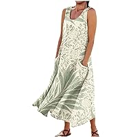 Vintage Plaid Dress for Women Casual Button Boho Dress Cotton Linen Maxi Beach Dress Loose Elastic Waist Long Dress Sleeveless Denim Dress Linen Dresses(1-White,5X-Large)