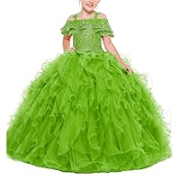 VeraQueen Girl's Off Shoulder Ruffle Pageant Dresses Lace Applique Beaded Ball Gowns Flower Girl Dress