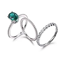 3pcs Emerald Wedding Set,7x9mm Oval Green Gemstone Engagement Ring 14k White Gold Diamond Stackable Band