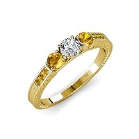 Diamond and Citrine Milgrain Work 3 Stone Ring with Side Citrine 0.84 ct tw in 14K Yellow Gold