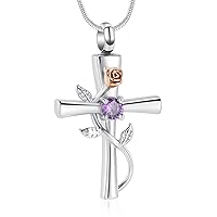 Minicremation Cross Urn Necklace for Ashes Birthstone Rose Flower Cremation Jewelry for Women Gilrs Keepsake Memorial Ashes Pendant