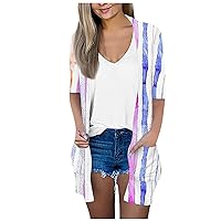 Open Front Cardigans for Women Short Sleeve Printed Tops Lightweight Casual Fall Cardigan Duster with Pockets