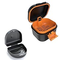 ARGOMAX Leak Proof Denture Bath Cup, Portable Soaking Denture Box, Denture Bath Case with Strainer, for Dentures and Braces (Black + Orange).