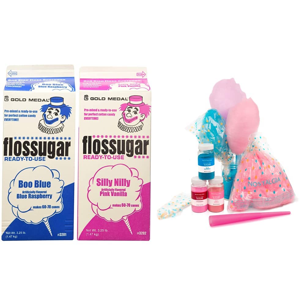 Concession Essentials - CE Floss Sugar -2pk Cotton Candy Floss Sugar 2 Pack (Pink Vanilla and Blue Raspberry) & Nostalgia Cotton Candy Party Kit, 3 Flavors, 4 Reusable Cones, 10 Floss Bags