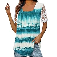 Women's Loose Fitted Shirts Color Block Summer Top Fashion Short Sleeve Tunic Pleated Swing Hem Blouses Tops