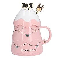 500ml large capacity Christmas cup ceramic tea milk cup household coffee cup mug with lid spoon Mug girls' office student couple cup gift cup (pink))