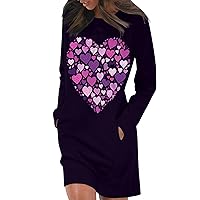 Women's Red Valentines Dress Long Sleeve Heart Print Casual Tunic Dress Pullover Hip Pack Sweater Dress, S-3XL