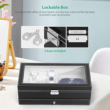 TomCare Upgraded Watch Box Watch Case Jewelry Organizer Holder Jewelry Display Box Case Drawer Sunglasses Storage Earrings Storage Organizer Lockable with Glass Top and PU Leather for Men Women, Black