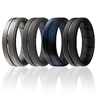 ROQ Silicone Rings, Breathable Silicone Rubber Wedding Ring Band for Men with Comfort-Fit Design, 8mm Engraved Middle Line, 4 Pack, Silicone Wedding Ring - Grey, Black-Blue Camo Colors - Size 14