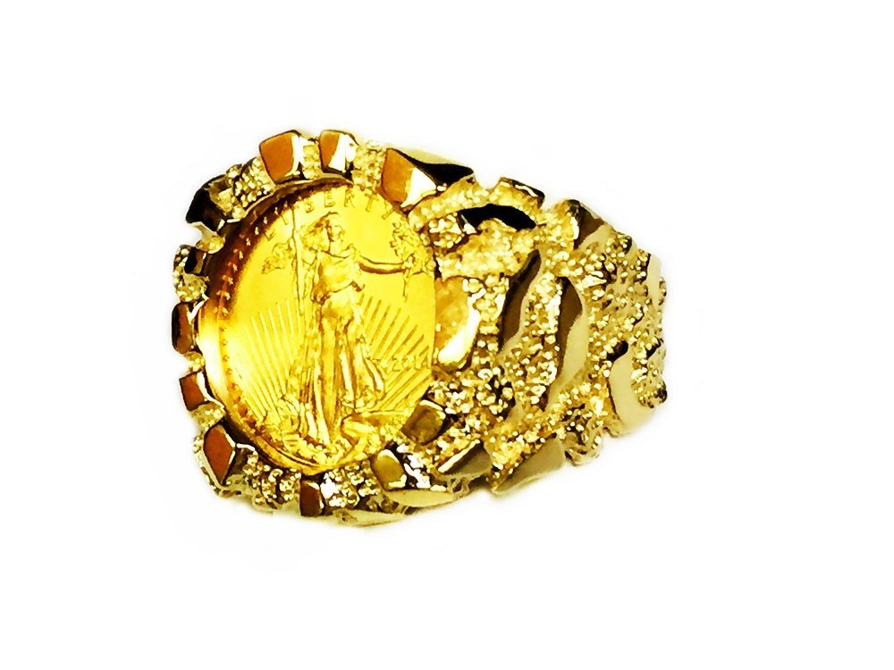 TEX 14K Gold Men's 21 Mm Nugget Coin Ring with A 22 K 1/10 Oz American Eagle Coin - Random Year Coin