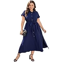 Plus Size Summer Dress for Women Business Casual Work Polo Dress Side Slit Tie Waist Button Down Maxi Dress
