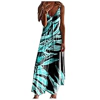 HTHLVMD Women Summer Maxi Dresses Sleeveless V Neck Casual Loose Flowy Beach Long Dresses Printed Spaghetti Strap Sundress