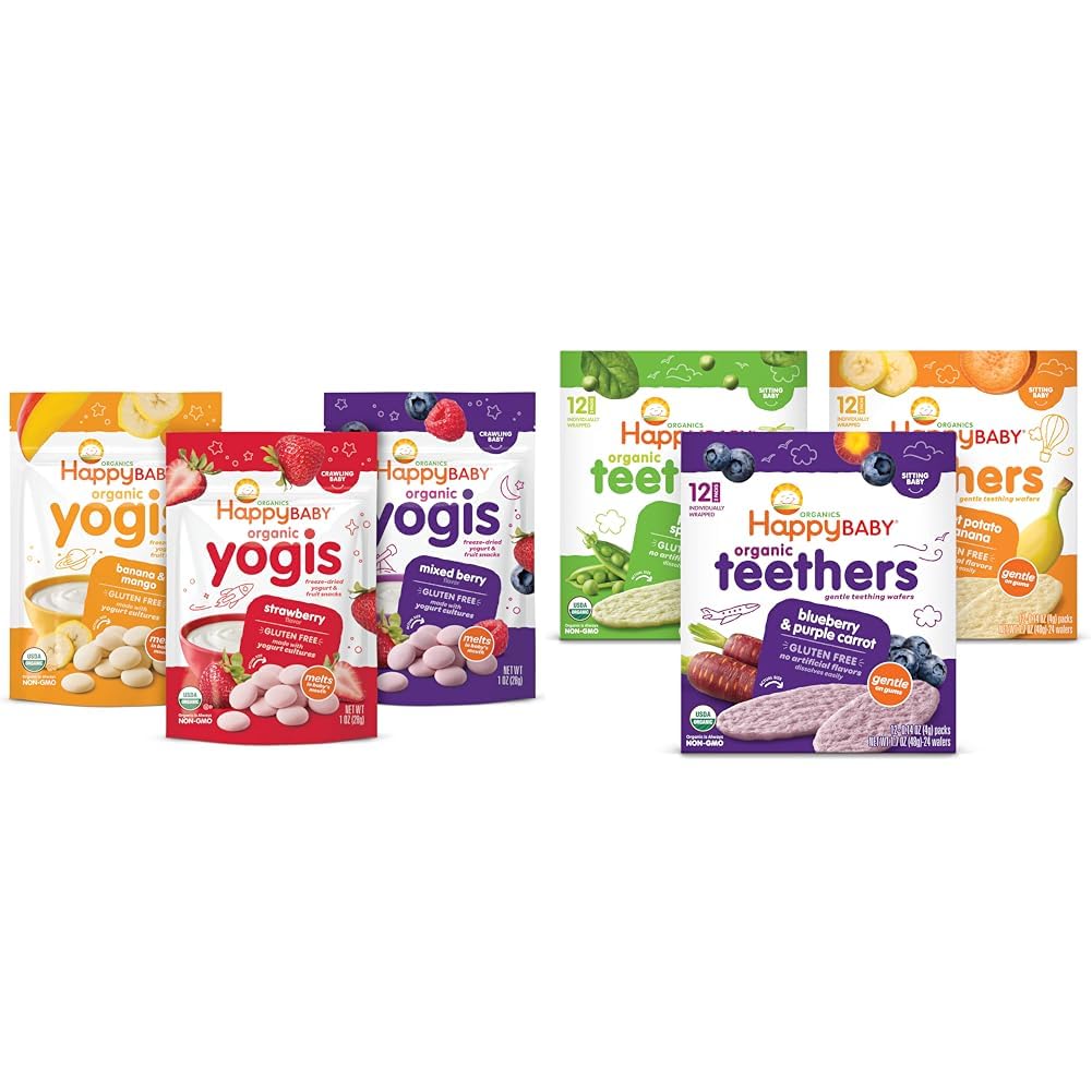 Happy Baby Organics Yogis Freeze-Dried Yogurt & Fruit Snacks, 3 Flavor Variety Pack, 1 Ounce (Pack of 3) & Happy Baby Organics Teether, 3 Flavor Variety Pack, 12 Count (Pack of 3)