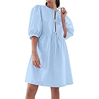 Cioatin Women Cute Tie Up Bow Mini Dresses Y2K Peplum Babydoll Puff Sleeve Summer Blouse Shirt Dress Vacation Outfits