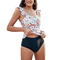 Kate Kasin 2024 Two Piece Tankini Swimsuits for Women High Waisted Tummy Control Floral Swimwear Ruched Padded Bathing Suits