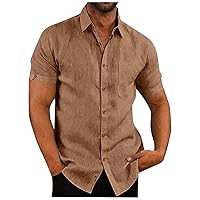 Men's Linen Solid Color Stripe Lapel with Pocket Loose Dress Shirt Button Down Short Sleeve Casual Beach Shirt