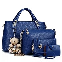 4pcs Handbag Set Women Fashion Bear PU Leather Handbag Top Handle Satchel Hobo Large Messenger Tote Bag+Wallet+Shoulder Bag+Keychain Card Holder