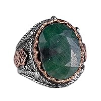 Silver Natural Emerald Gemstone Ring, 925K Solid Sterling Silver Men's Ring