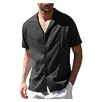 Cotton Linen Shirts for Men, Men's Cuban Guayabera Shirts Short Sleeve Casual Button Down Shirt Fashion Summer Beach Shirt