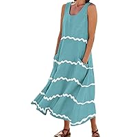 Women's Beach Dresses 2024 Vacation Summer Casual Fashion Stripe Printing Sleeveless Round Neck Pocket Dress, S-3XL