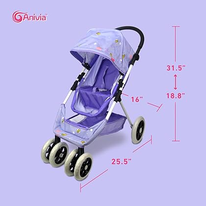 Anivia Baby Doll Stroller for 18 inches Girl Dolls, Foldable Doll Pram Convertible Seat/Bed/Crib, Baby Doll Bassinet with Forward & Backward Handle, Storage Basket, Retractable Canopy Purple